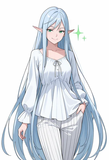 Smooth Quality,masterpiece,very intricate, high quality details, ultra realistic, high detailed skin,detailed enviorement,absurdres,
simple background, white background,
walking pose, one hand in pocket, head slightly turned, casual stride, confident aura,  ,front view,naughty face,
 <lora:El-Ru_Sarion_Elmesia_cnn:0.8> elmesiacnn,1girl, green eyes, pointy ears, blue hair, very long hair,
blouse, ,shirt, ,pleated pants,