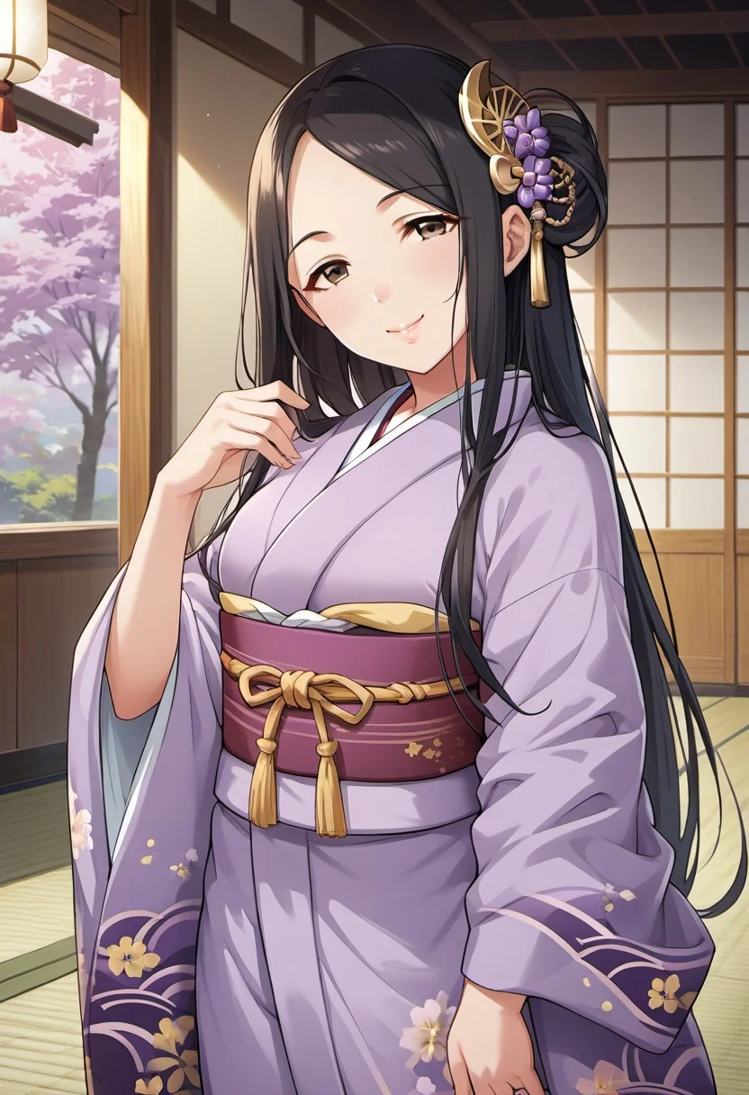 score_9, score_8_up, score_7_up, source_anime, hiiragi shino, black hair, brown eyes, long hair, 1girl, japanese clothes, solo, kimono, smile, purple kimono, obi, sash, looking at viewer, hair ornament