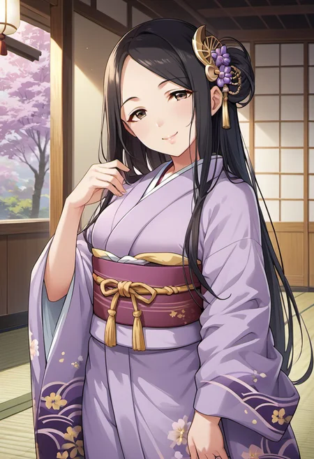 score_9, score_8_up, score_7_up, source_anime, hiiragi shino, black hair, brown eyes, long hair, 1girl, japanese clothes, solo, kimono, smile, purple kimono, obi, sash, looking at viewer, hair ornament