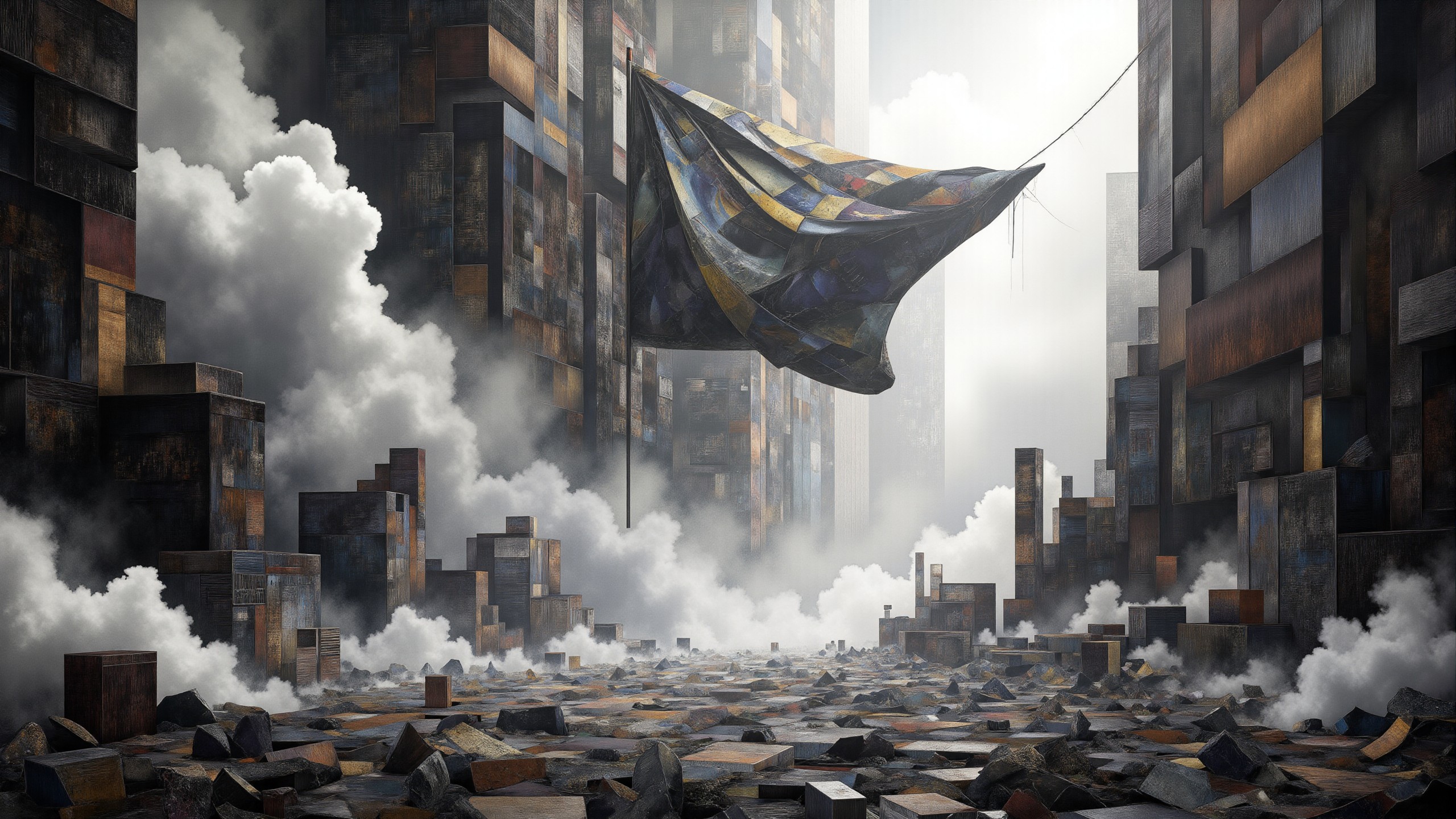 black-toned Social Realism photo of an abyssal futuristic flag in a storm in a bright decrepit city, intricate white and black and white reticulation, magical, arid, billowing bright dust, very detailed <lora:midjourney_whisper_chromaplex_v1:1.1>