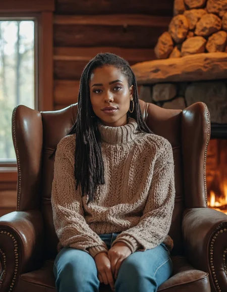 Subject: A woman sitting on a plush, oversized armchair in a cozy, rustic cabin surrounded by towering trees and a crackling fireplace.
Lighting: Warm, golden light from the fire casting a cozy ambiance.
Camera Angle: Eye-level shot, looking straight at the woman's face as she gazes out at the viewer.
Composition Style: Leading lines of the chair and surrounding decor converge to her eyes.
Clothing: High-necked, long-sleeved sweater in soft, earthy tones with a chunky knit pattern.