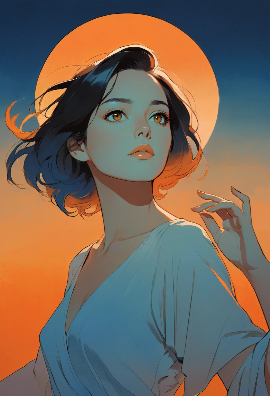 Minimalist illustration, a beautiful woman, gorgeous hazel eyes with a hint of green staring at the viewer, muse of the arts, dancing linework, resonating with a secret tune, orange blue gradient background, highly detailed, deep darks, high contrast, masterpiece, 8k, French vibe, art by Hayao Miyazaki AND Phil Noto