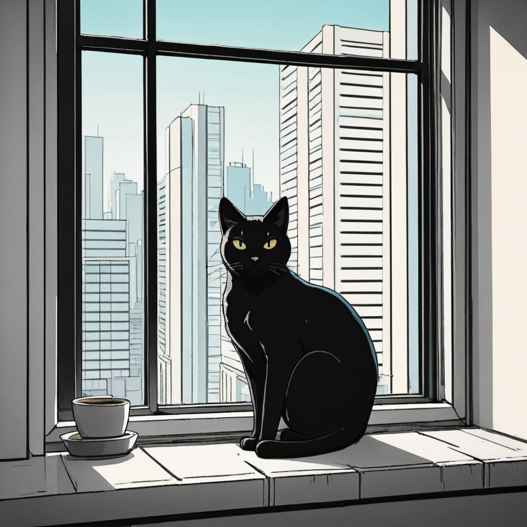 black cat sitting  on a windowsill in a Highrise apartment, simple anime style, 2D, celshading, thick lineart, heavy black ink lines, posterized, flat color, celshading, toonshading, Cartoon Rendering, Flat Shading, Graphic Novel Style, minimal shading, flat shading, hard color shading