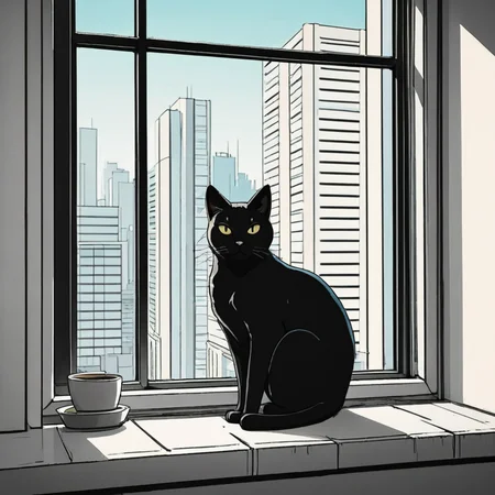 black cat sitting  on a windowsill in a Highrise apartment, simple anime style, 2D, celshading, thick lineart, heavy black ink lines, posterized, flat color, celshading, toonshading, Cartoon Rendering, Flat Shading, Graphic Novel Style, minimal shading, flat shading, hard color shading