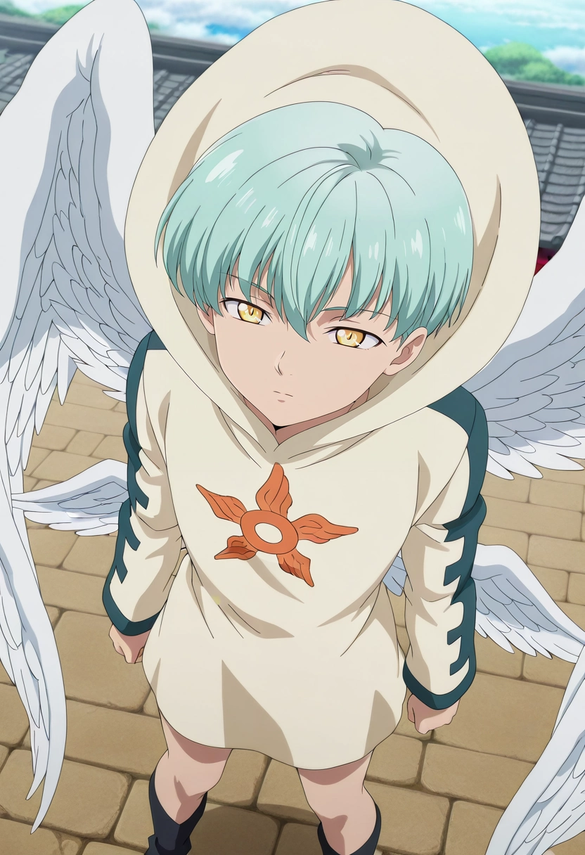 masterpiece, best quality, , anime screencap, anime coloring, official style, , 1boy, solo, male focus, <lora:sariel_nnt_ilxl:0.96>, sariel_nnt, aqua hair, yellow eyes, short hair, angel wings, feathered wings, hood, from above, east asian architecture, day, sunny, slouching, expressionless,
