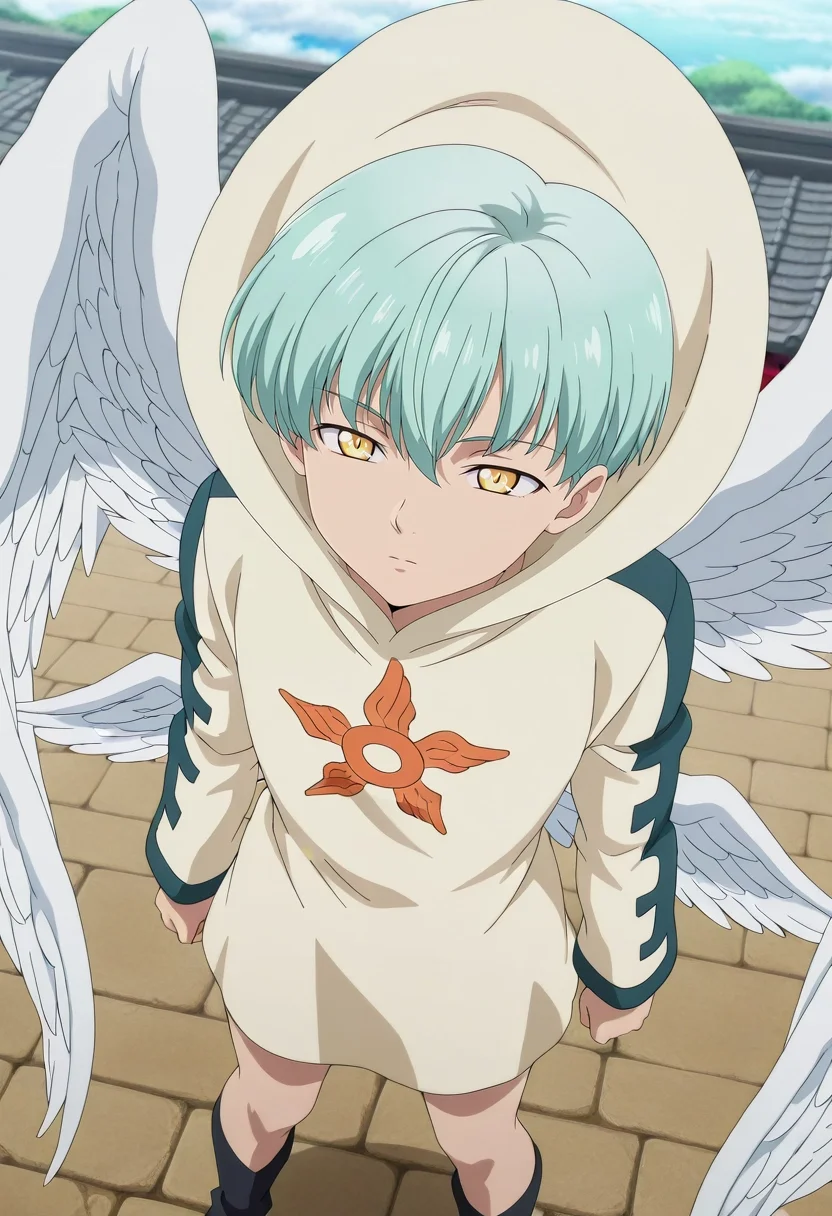 masterpiece, best quality, , anime screencap, anime coloring, official style, , 1boy, solo, male focus, <lora:sariel_nnt_ilxl:0.96>, sariel_nnt, aqua hair, yellow eyes, short hair, angel wings, feathered wings, hood, from above, east asian architecture, day, sunny, slouching, expressionless,