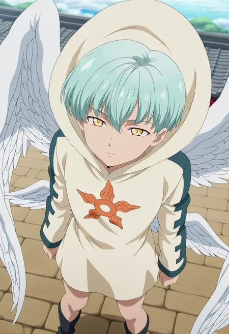 masterpiece, best quality, , anime screencap, anime coloring, official style, , 1boy, solo, male focus, <lora:sariel_nnt_ilxl:0.96>, sariel_nnt, aqua hair, yellow eyes, short hair, angel wings, feathered wings, hood, from above, east asian architecture, day, sunny, slouching, expressionless,