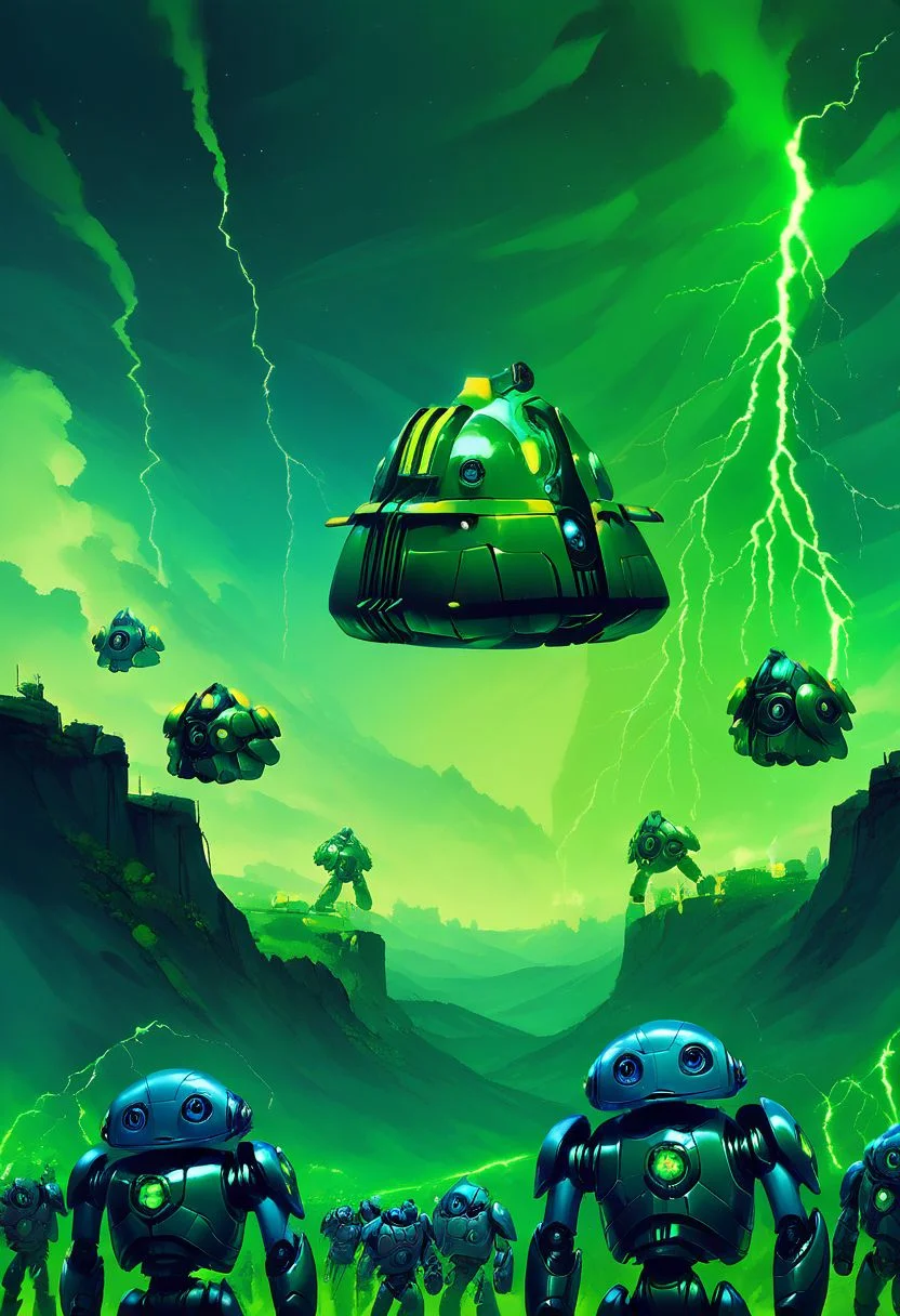score_9, score_8_up, score_7_up,
Necron, green lightning, black armor,
CivBot, blue eyes, sky, cloud, no humans, glowing, star, science fiction, fist, clenched fist, radio antenna, cowboy shot, blue robot,