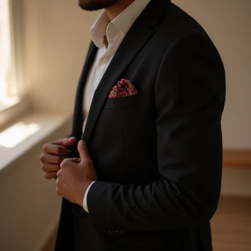 intricately designed pocket square peeking out from the breast pocket., . This photograph features a man standing in a minimalist, with a bright, possibly from the sun setting or rising., . The image is a high-quality, . This photograph captures a close-up view of a pair of hands elegantly posed against a solid, adding a touch of elegance to the image., warm light that seems to emanate from a window or a lamp on the left side of the frame. She is wearing a dark