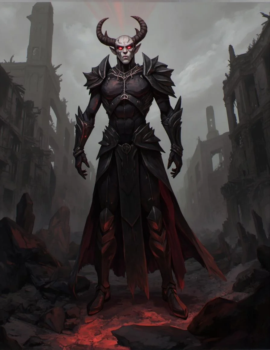 <lora:ck-LttleGhost-000011.safetensors:1> in the style of ck-lttlegh0stAn imposing horned humanoid in dark, ornate armor stands amidst a desolate, ruined cityscape. The figure's face is deathly pale, its red eyes burning with an inner fire. Crimson light emanates from these eyes, casting long shadows across crumbling buildings and dusty ash.