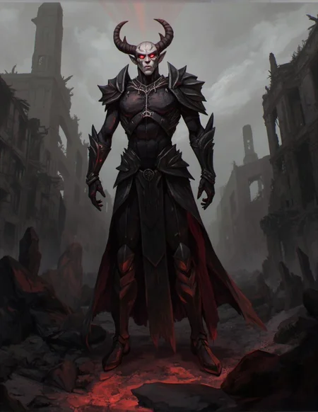 <lora:ck-LttleGhost-000011.safetensors:1> in the style of ck-lttlegh0stAn imposing horned humanoid in dark, ornate armor stands amidst a desolate, ruined cityscape. The figure's face is deathly pale, its red eyes burning with an inner fire. Crimson light emanates from these eyes, casting long shadows across crumbling buildings and dusty ash.