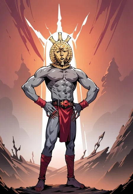 score_8, score_8_up, score_7_up, source_anime, anime screenshot, 1boy, male focus, solo, DagothUr_TES3, grey skin, colored skin, gold mask, mask, third eye, gorget, gold gorget, topless male, muscular, abs, belt, loincloth, bracer, long fingers, long fingernails, sharp fingernails, ankle wrap, barefoot, standing, full body, looking at viewer, hands on own hips, laughing, horror (\theme\)