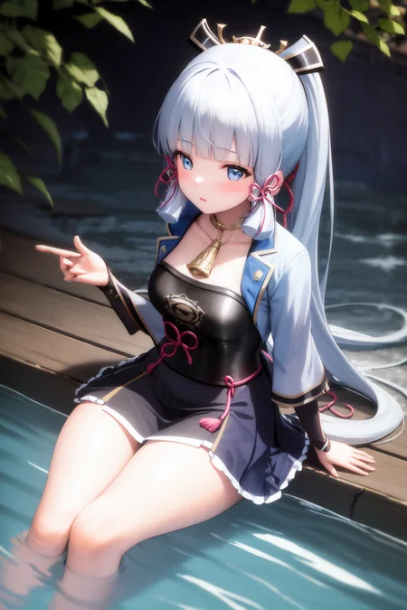 masterpiece, highres, best quality, 1girl solo, kamisato_ayaka, sitting, from above, wading, night, poolside <lora:kamisato_ayaka:1.0>