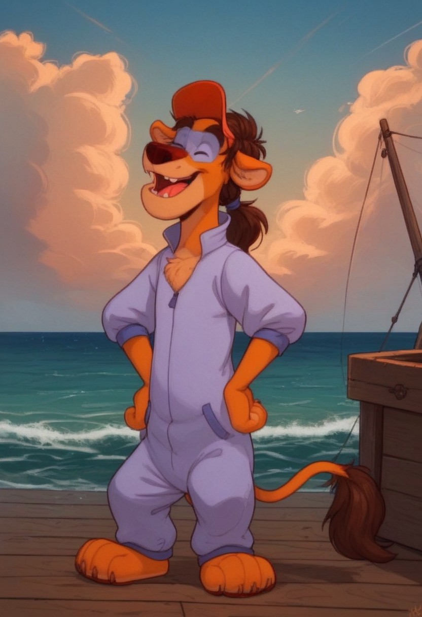 score_7, score_8, score_9, dynamic lighting, detailed background, background is ship dock, dock, (stacked crates), ((ocean)), boats, mountains in distance, ((outdoors)), clouds, sunny, (close up), cowboy shot,
BREAK 
Solo, 1boy, ((anthropomorphic)), furry male, Wildcat, yellow fur, two tone fur, brown hair, hair in ponytail, animal nose, black eyes, slender, animal ears, yellow ears, (yellow tail), feet claws, snaggle tooth, ((light blue around eyes)), fluffy fur, fluffy eyebrows, (fang), chest fur tuft,
BREAK 
standing, eyes closed, ((laughing)), jumpsuit, hat, hands on hips,
