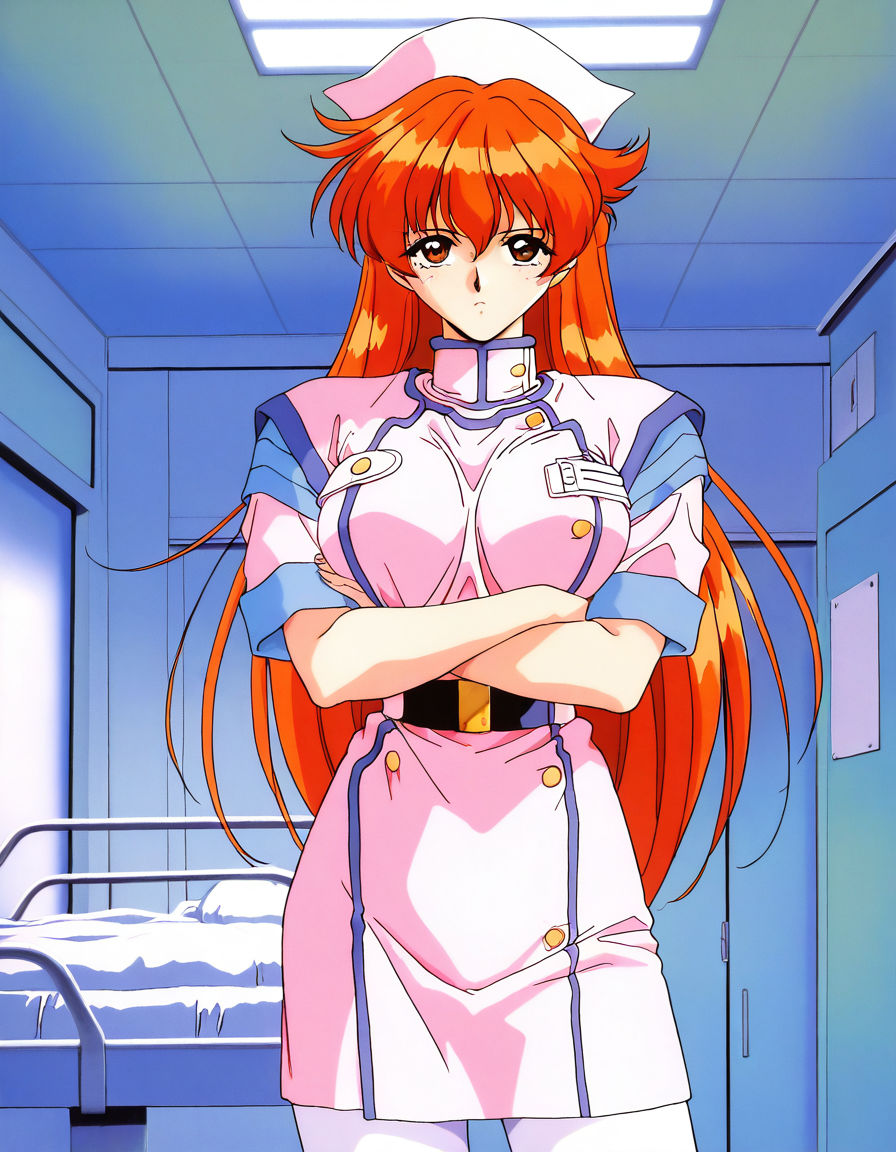 masterpiece, best quality, good quality, <lora:Nogiwa_Miho_OVA_IS:1>
Nogiwa_Miho_OVA, long hair, orange hair, bangs, brown eyes, large breasts, 1990s (style) 1girl, solo, nurse, hat, pantyhose, nurse cap, serious,  crossed arms,
hospital room, looking at viewer, white pantyhose, belt, short sleeves,