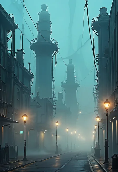 <lora:Flux-XL_Scenery:1>,flux-scenery An urban landscape cityscape under a cover of mist and fog, an industrial environment, street lamps