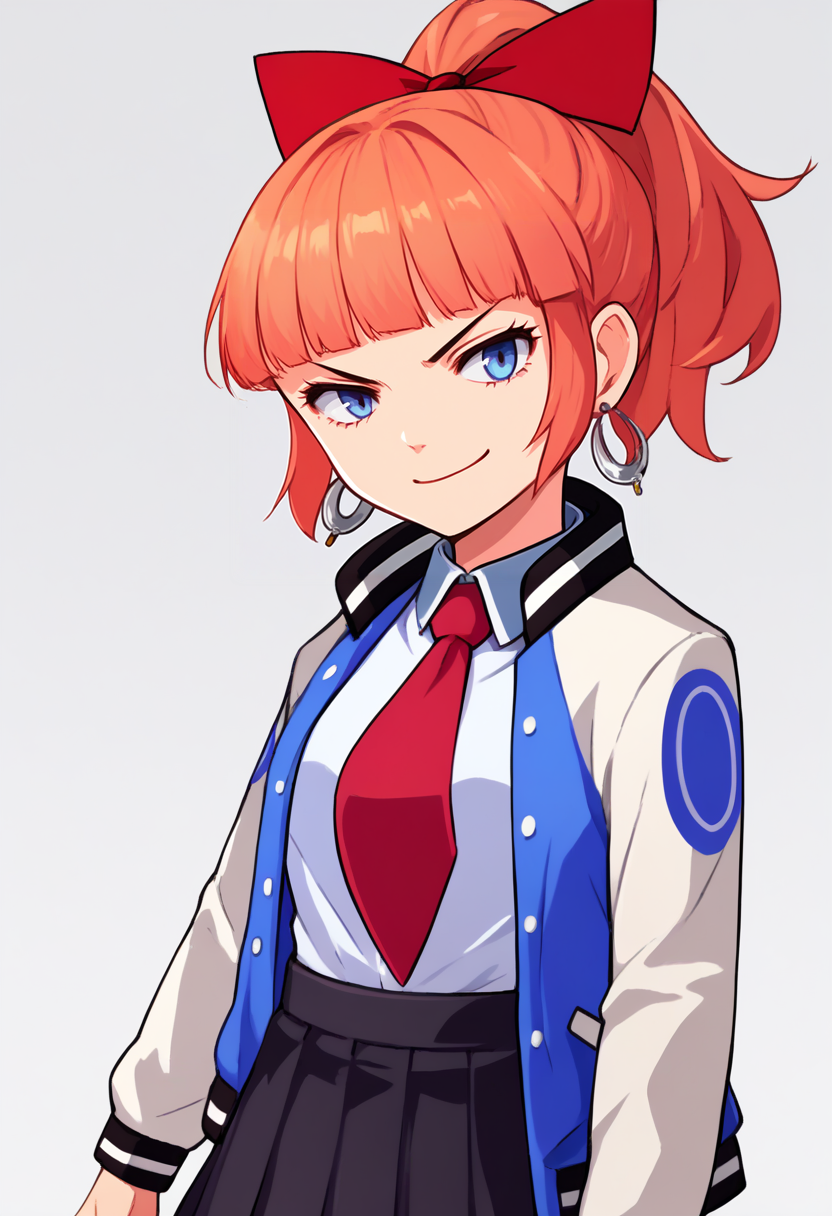 score_9, score_7_up, source_anime, zeroazureportraits, simple background, white background, upper body, solo, 1girl, rcgkyoko, smirk, looking at viewer, standing, ponytail, hair bow, red bow, school uniform, letterman jacket, open jacket, long sleeves, white shirt, red necktie, black skirt, pleated skirt, earrings <lora:zs_ZeroAzurePortraitsXL:1> <lora:rcg_kyoko_ponyXL:1>