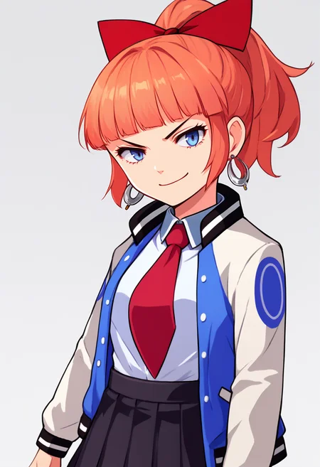 score_9, score_7_up, source_anime, zeroazureportraits, simple background, white background, upper body, solo, 1girl, rcgkyoko, smirk, looking at viewer, standing, ponytail, hair bow, red bow, school uniform, letterman jacket, open jacket, long sleeves, white shirt, red necktie, black skirt, pleated skirt, earrings <lora:zs_ZeroAzurePortraitsXL:1> <lora:rcg_kyoko_ponyXL:1>