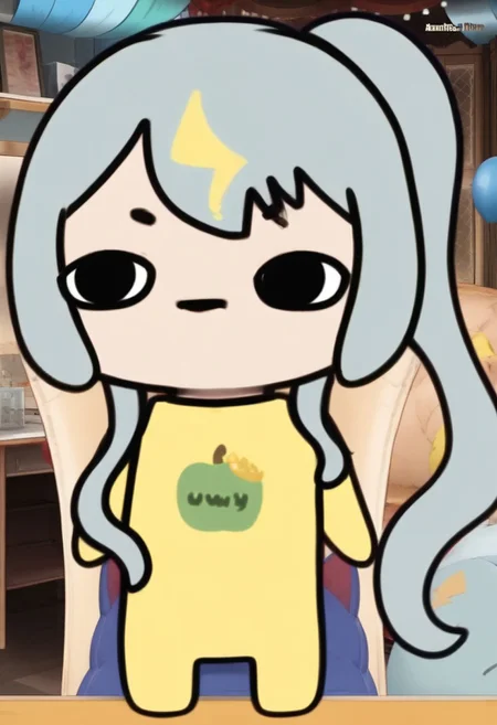 ClaraUwU, 1girl, solo, chibi, long hair, chibi only, black eyes, yellow shirt, side ponytail