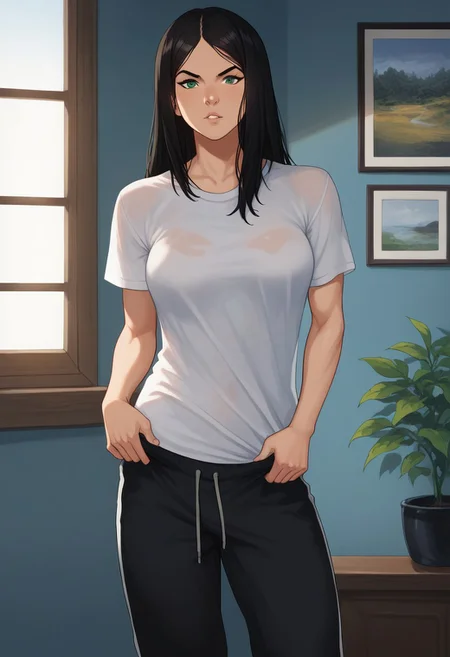 laura kinney, 1girl, muscular , pale skin,solo, black hair, very long hair, black hair, straight hair,pale skin, green eyes, athletic girl, skinny muscular girl, looking at viewer, , perfect legs,score_9, score_8_up, score_8, 1girl, solo, looking at viewer, wide track pants,loose pants, oversized t-shirt, oversized trousers, loose t-shirt, oversize,
cartoon of amraql, , best quality,
1girl, sexy girl,
perfect medium breasts, parted lips, indoors, detailed background