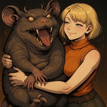 masterpiece, best quality, newest, absurdres, highres, CWKIV1.0, smile, happy, proud, smug, 1girl, ashley graham (resident evil), blonde, orange shirt, blonde hair, orange sweater, sleeveless, sleeveless sweater, sleeveless tutrleneck, turtleneck, short hair, curtained hair, monster, hug, oversized animal, rat, hugging rat, hugging pet, oversized rat,