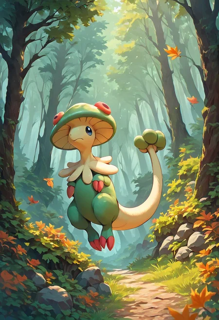 score_9, score_8_up, score_7_up, score_6_up, Breloom, mushroom head, two claws, tail, Pokemon (creature), green body, forest, trees, falling leaves, light though trees, Expressiveh