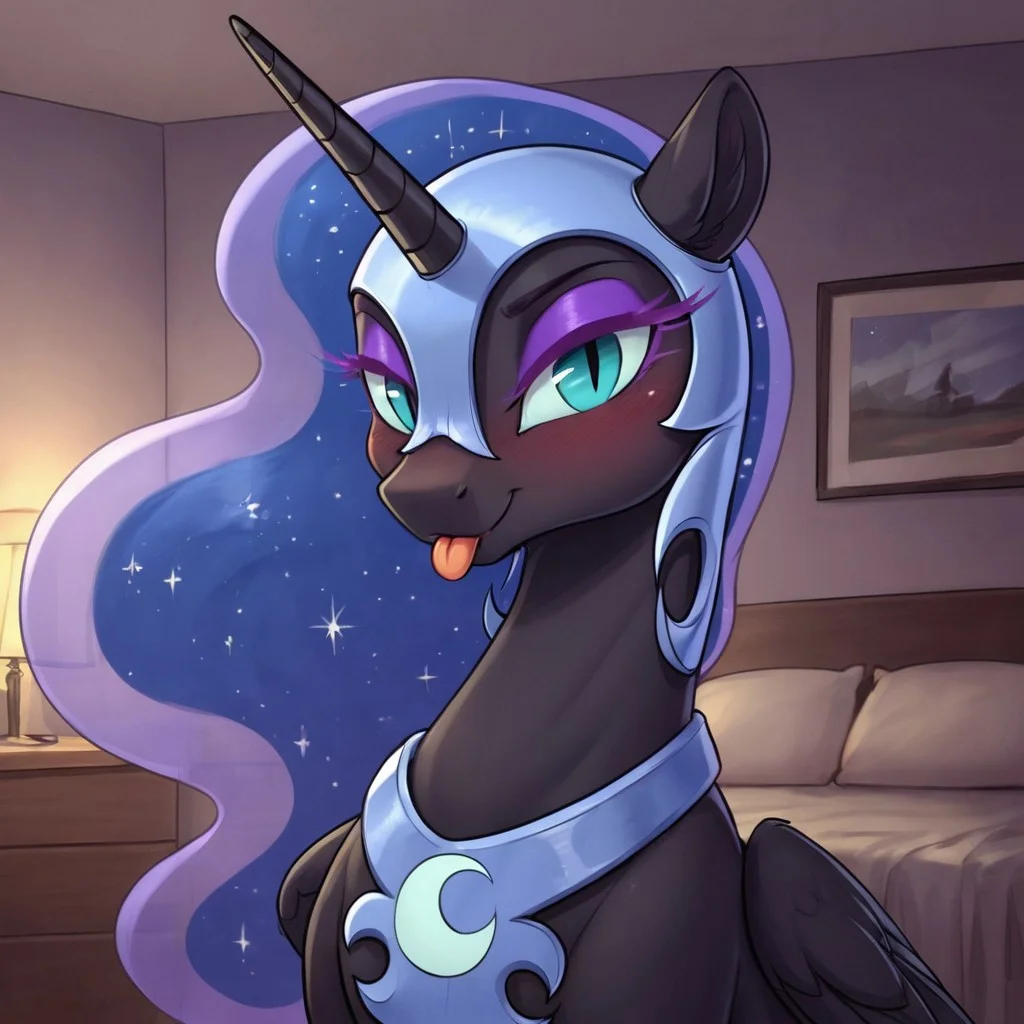 score_9, score_8_up, score_7_up, score_6_up, pony, alicorn, feral, mare, solo, (nightmare moon), no breasts, bedroom, indoors, (night), tail, photo_realistic, blushing female, anatomically correct, looking at you, seduce, seducing, inviting look, dynamic pose, dramatic angle, upper body, face focus, tongue out, closed mouth,