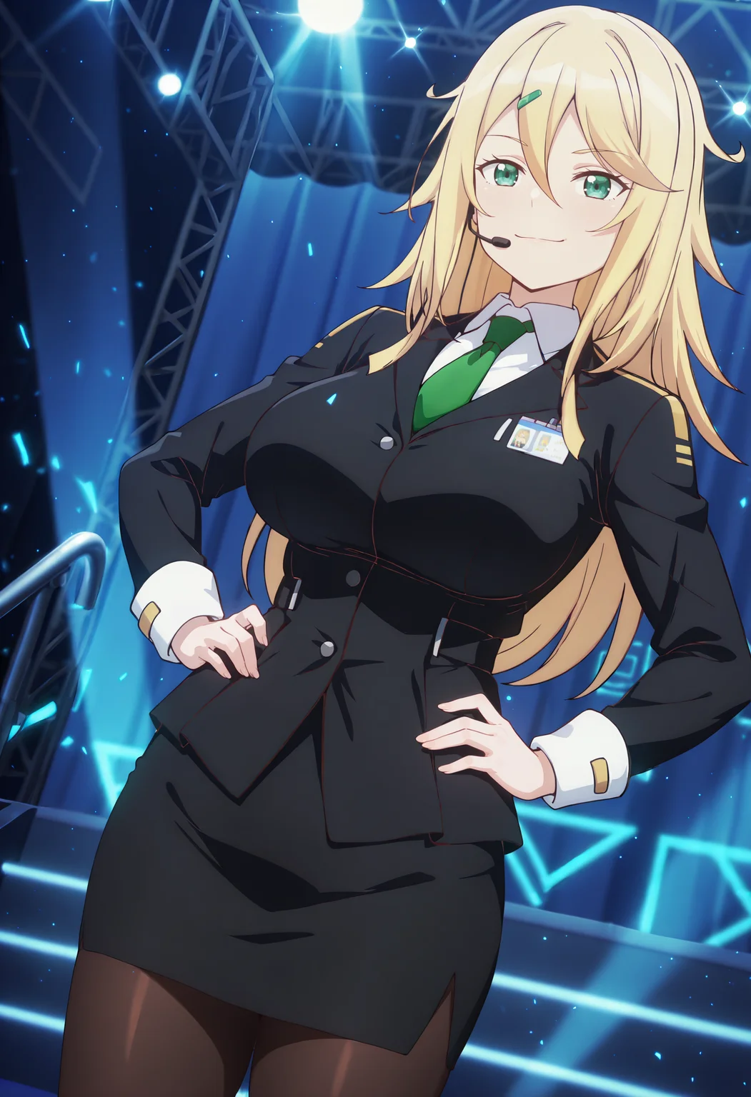 best quality, amazing quality, perfect quality, high quality, masterpiece, absolutely eye-catching BREAK
<lora:Im_the_Evil_Lord_of_an_Intergalactic_Empire_-_Eulisia_Moriselle:1> OreAkuEulisia, green eyes, blonde hair, long hair, double-parted bangs, hair between eyes, green hairclip, large breasts BREAK
black jacket, white shirt, green necktie, black pencil skirt, pantyhose, headset, name tag BREAK
stage, spotlight, 1girl, solo, standing, hands on hips, cowboy shot, dutch angle, smile, looking at viewer
