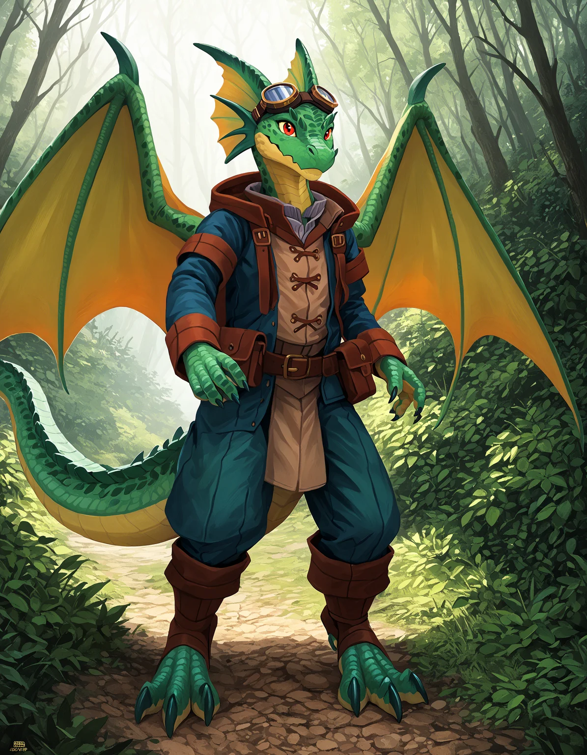 score_9, score_8_up, PonyXLV6_Scores, zPDXL3, rating_safe, censored, zPDXLpg, <lora:Kobold:1> Kobold, furry dragon, tail, short stature, goggles, goggles on head, wyvern, green stripes on snout, head fins, crescent shaped tail tip, green spots on scales, green spots on wings , yellow scales, dragon, scales, wings, tail, female, red eyes
<lora:Pony_DetailV2.0:1> <lora:add-detail-xl:1> best quality, worst quality <lora:Plive_Artist_Style:1> plive, source_furry, no humans, detailed, masterpiece, hi res, high quality, best quality, anatomically correct
