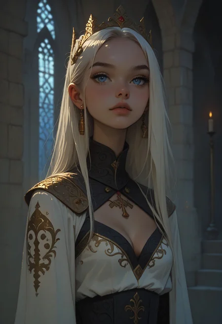 FFAnime Style, Score_9, Score_8, Score_7, 1girl,young princess, white hair, light blue eyes, portrait, ceremonial robe, white outfit with gold designs, castle interior ,cleavage