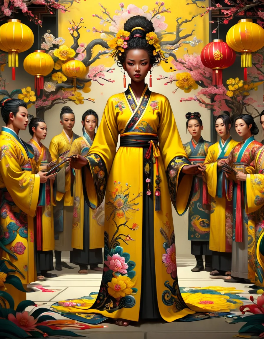 (masterpiece, best quality, absurdres, 4k, aesthetic, detailed, intricate), a woman standing in front of a group of people, a digital painting, by Ludwik Konarzewski Jr, afrofuturism, yellow robe, epic ral-springfestival graphic novel wallpaper, masterpiece, shadow mage female, holy sword in her hands, a black cyborg, with yellow cloths, ruan jia and joao ruas, absolutely outstanding image, ral-springfestival <lora:ral-springfestival:1>