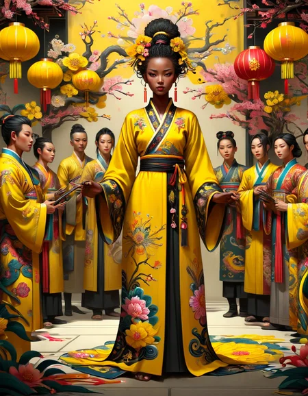 (masterpiece, best quality, absurdres, 4k, aesthetic, detailed, intricate), a woman standing in front of a group of people, a digital painting, by Ludwik Konarzewski Jr, afrofuturism, yellow robe, epic ral-springfestival graphic novel wallpaper, masterpiece, shadow mage female, holy sword in her hands, a black cyborg, with yellow cloths, ruan jia and joao ruas, absolutely outstanding image, ral-springfestival <lora:ral-springfestival:1>