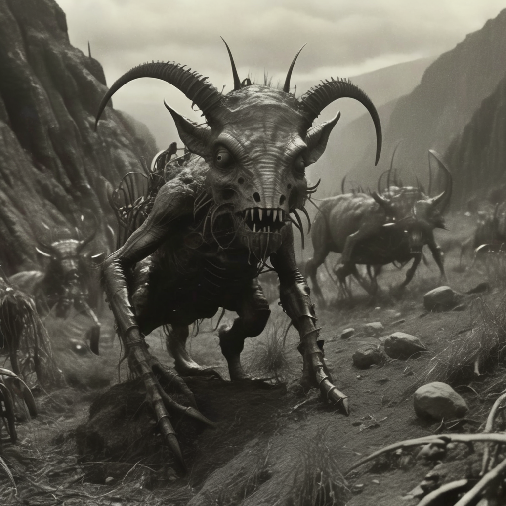 eldoria surreal creatures in a surreal devilish dark pasture in the mountains, very realistic detail, cinematic<lora:eldoria:1>