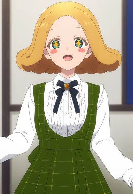 <lora:Hiyori_Himejima-pony_v1.0:1>,
Hiyori Himejima,solo,dress,blush stickers,+_+,long sleeves,green dress,:o,shirt,white shirt,looking at viewer,open mouth,plaid dress,ribbon,frills,plaid,white sleeves,