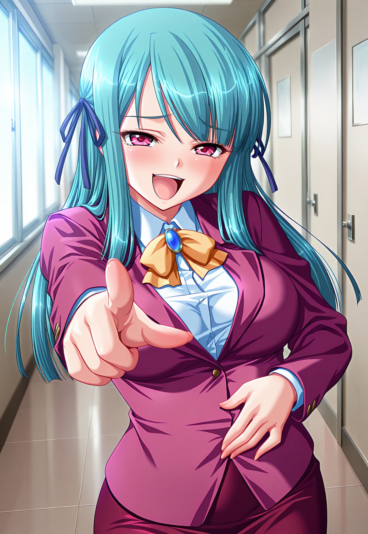 masterpiece,best quality,amazing quality,absurdres,very aesthetic,tkmsaya, 1girl, solo, skirt, pencil skirt, long hair, jacket, ribbon, hair ribbon, aqua hair, red eyes, formal, suit, standing, smile, looking at viewer, default_outfit1, pink jacket, red skirt, shirt, white shirt, collared shirt, bowtie, brooch, upper body, pointing at viewer, hand on own stomach, laughing, indoors, school hallway, depth of field, from front, front view