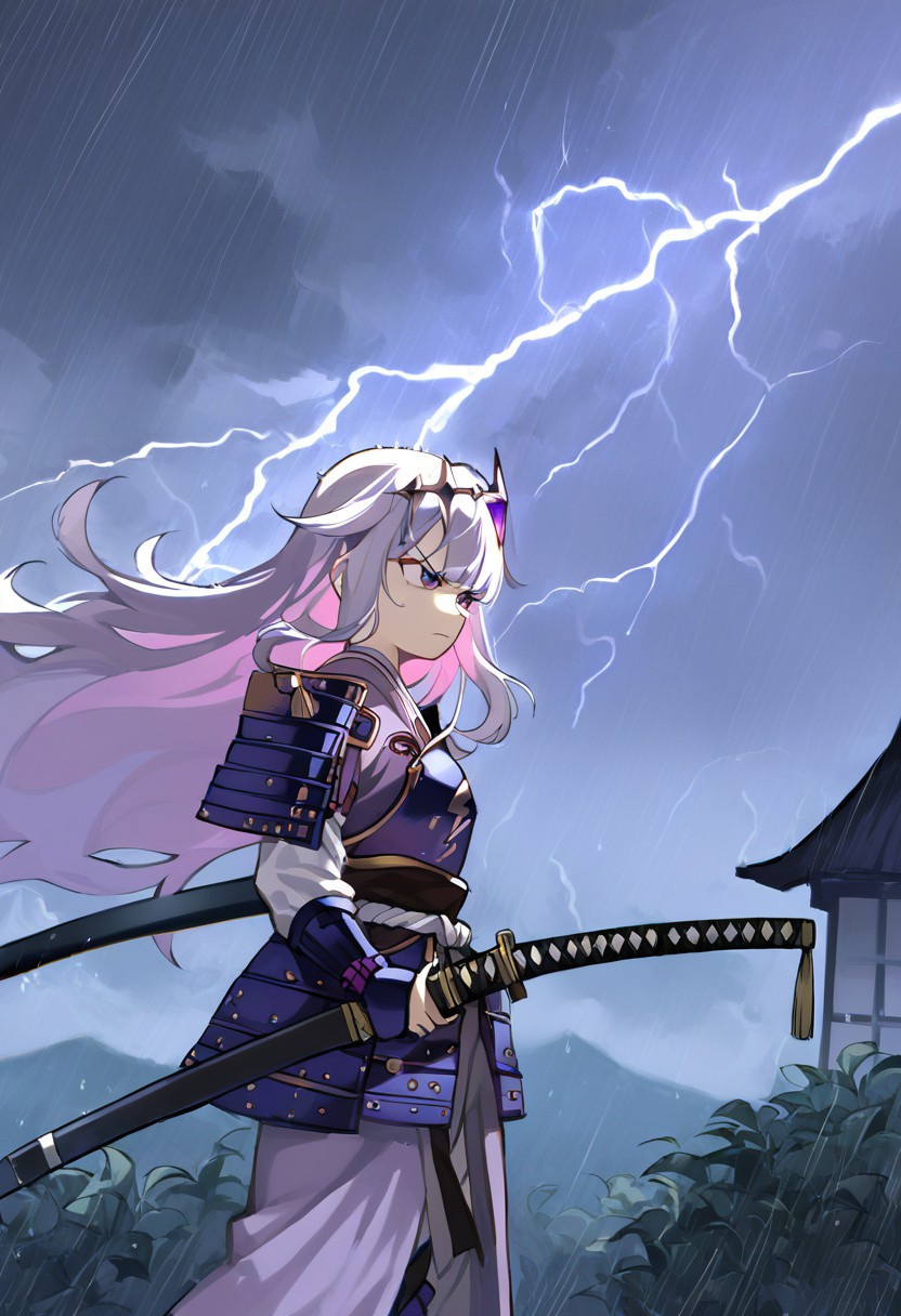 score_9, score_8_up, score_7_up, hadrian, source_anime, 1girl, thunderstorm, rain, lightning, <lora:ChamKosekiBijouPonyXL:0.8> KosekiBijou, long hair, hair flaps, floating headpiece,  <lora:samurai_armor_pony:1.1> samurai, purple clothes, holding katana, serious