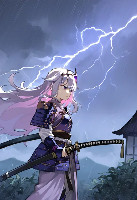 score_9, score_8_up, score_7_up, hadrian, source_anime, 1girl, thunderstorm, rain, lightning, <lora:ChamKosekiBijouPonyXL:0.8> KosekiBijou, long hair, hair flaps, floating headpiece,  <lora:samurai_armor_pony:1.1> samurai, purple clothes, holding katana, serious