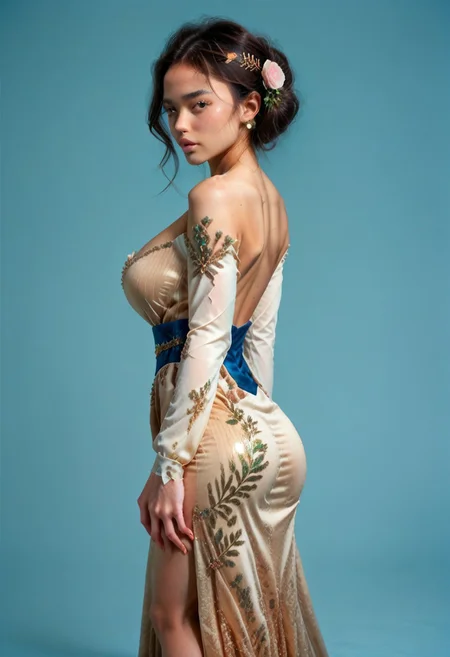 score_9, score_8_up, score_7_up,
JDMAI_ARIEL_SARI, JDMAI_KEBAYA, pureerosface_v1, tight long kebaya dress, long sleeves, deep neckline, bare shoulders, flower hairpin, decorated sash, brocade decoration, sequin decoration,
(dynamic lighting), (dynamic shadow), 4k, HD, Hi res, cinematic masterpiece, photographic masterpiece,
contrapposto pose, upper body, side view,
beautiful make-up, glossy lips, 40GG cup Breasts, massive breasts size, natural breasts shape, narrow waist, wide hips, round ass, thick thighs, thigh gap, barefoot,
(simple turquoise background), (blurry background), (sharp focus on object),