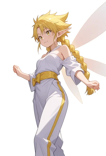 Smooth Quality,masterpiece,very intricate, high quality details, ultra realistic, high detailed skin,detailed enviorement,absurdres, 
simple background, white background, 
from below,dancing,
:3,solo, 
 <lora:Ramiriscnn:0.8> ramiriscnn, 1girl, fairy, minigirl, blonde hair, yellow eyes, pointy ears, long hair, twin braids,small breasts,fairy wings, bare shoulders, chef coat,  ,yukata,  ,track pants, ,