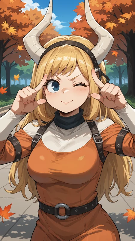score_9,score_8_up,score_7_up,score_6_up, <lora:xl_more_art-full_v1:0.5>, source_anime, girl, dynamic pose, winking, <lora:Pony Tsunotori (Rocketti) - Pony:0.8>, long hair, blonde hair, blue eyes, large eyes, white horns, large horns, black hairband, black collar, orange dress, leather straps, leather armlet, short girl, large nose, round face, park, autumn leaves,