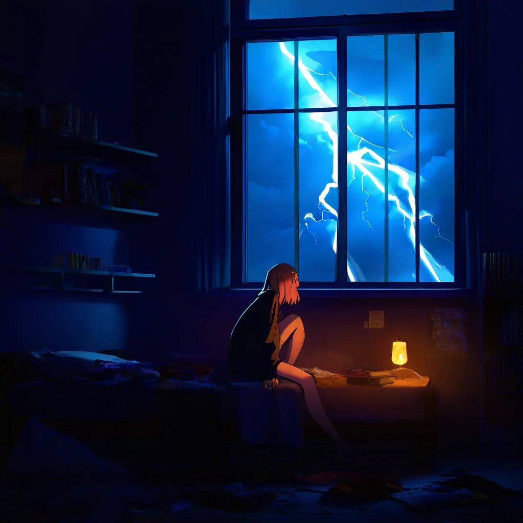 very awa, masterpiece, best quality, year 2024, newest, highres, absurdres, 1girl sitting at a desk with a small orange lamp resting on it, window, storm clouds, a flash of lightning brightly illuminates the dark room, books strewn about, messy, bookcase, posters, bed, discarded clothing