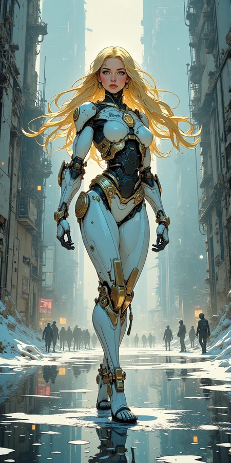 Hyper realistic painting, earie, volumetric light, dealicate and breathtaking, picture of dancing cyborg girl goddess of light and purity on top of industrial ruins of frozen planet, robotic body cyborg, cyberpunk white robotic body suit, shining long golden hair, ground water reflections, neons shining on the night rain droplets, holy aura, (anime artwork by grag rutkowski & mucha & wlop:1.2) <lora:BLUE_mk4_angel_FLUX_01:1.4> <lora:dieselpunk-delight:1> <lora:CPA:1>