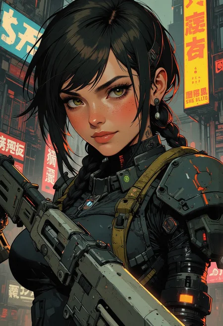 magnificent, closeup portrait, female bounty hunter, braided black hair, two tone hair, blonde highlights in hair, futuristic armor, sci-fi, sleek armored bodysuit, shoulder plates, hip plates, sexy, curvy, large breasts, large ass, rifle, aiming rifle, pointing rifle, Cyberpunk City, Neon Lights, foreshortening, neck tattoo,
looking at viewer, solo, smirk, cocky smirk, godrays, raytracing, 
Cowboy Shot, close up, from above,