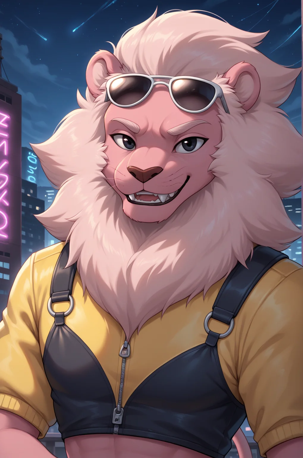 <lora:SULionPonyV6-10:1>, score_9, score_8_up, score_7_up,  source_furry, BREAK, 8k resolution, sharp focus, best quality, furry, anthro, detailed face eyes and fur, SULion, steven universe, hot pink fur, pink body, lion boy, black eyes, lion, black eyes, solo, close up, anthromorphic body, detailed background, standing,    city, night, night time, neon lights, detailed background, safety harness, safety jacket, shorts,  smile, smug, sexy, paws, pawpads,  (large teeth thangs:1.3), (looking at viewer:1.3), sunglasses,