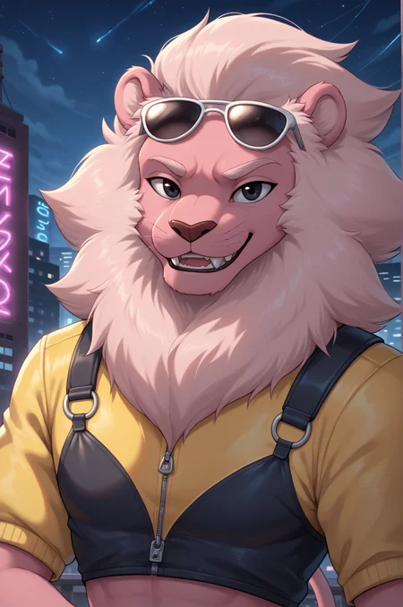 <lora:SULionPonyV6-10:1>, score_9, score_8_up, score_7_up, source_furry, BREAK, 8k resolution, sharp focus, best quality, furry, anthro, detailed face eyes and fur, SULion, steven universe, hot pink fur, pink body, lion boy, black eyes, lion, black eyes, solo, close up, anthromorphic body, detailed background, standing, city, night, night time, neon lights, detailed background, safety harness, safety jacket, shorts, smile, smug, sexy, paws, pawpads, (large teeth thangs:1.3), (looking at viewer:1.3), sunglasses,