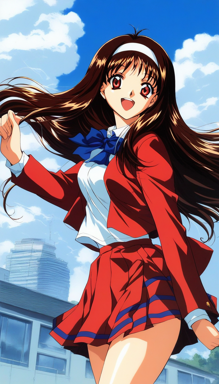 score_9, score_8_up, score_7_up, source_anime, rating_explicit, BREAK <lora:Yuuki_Mizuho_OVA_XL:1>1990s \(style\),anime coloring, 
Yuuki_Mizuho_OVA, 1girl,solo,long hair, brown hair, white hairband, red eyes, open mouth, blue ribbon, school uniform,red skirt, breasts, red blazer, outdoor, day, sky, school, smile,looking at viewer, cowboy_Shot,