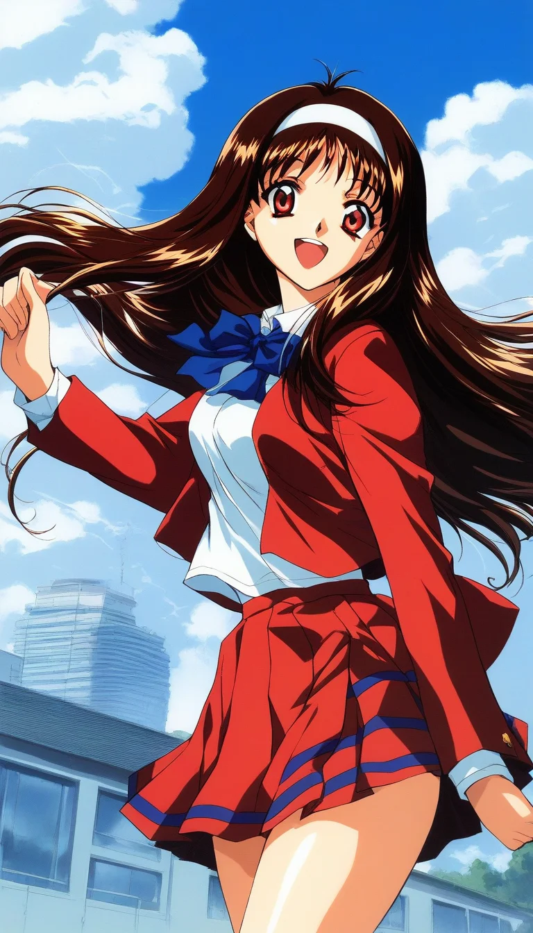 score_9, score_8_up, score_7_up, source_anime, rating_explicit, BREAK <lora:Yuuki_Mizuho_OVA_XL:1>1990s \(style\),anime coloring,
Yuuki_Mizuho_OVA, 1girl,solo,long hair, brown hair, white hairband, red eyes, open mouth, blue ribbon, school uniform,red skirt, breasts, red blazer, outdoor, day, sky, school, smile,looking at viewer, cowboy_Shot,