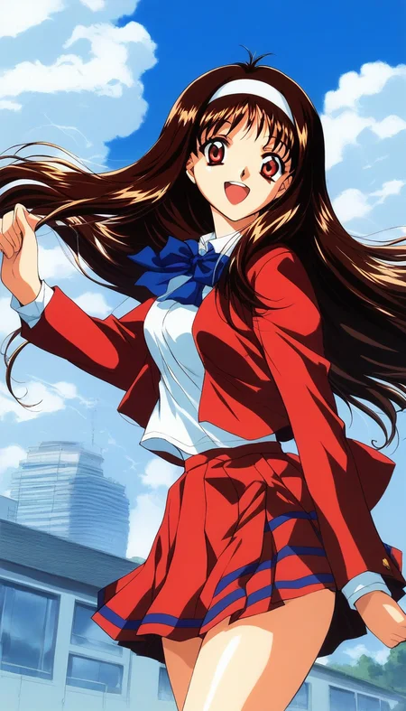 score_9, score_8_up, score_7_up, source_anime, rating_explicit, BREAK <lora:Yuuki_Mizuho_OVA_XL:1>1990s \(style\),anime coloring, 
Yuuki_Mizuho_OVA, 1girl,solo,long hair, brown hair, white hairband, red eyes, open mouth, blue ribbon, school uniform,red skirt, breasts, red blazer, outdoor, day, sky, school, smile,looking at viewer, cowboy_Shot,