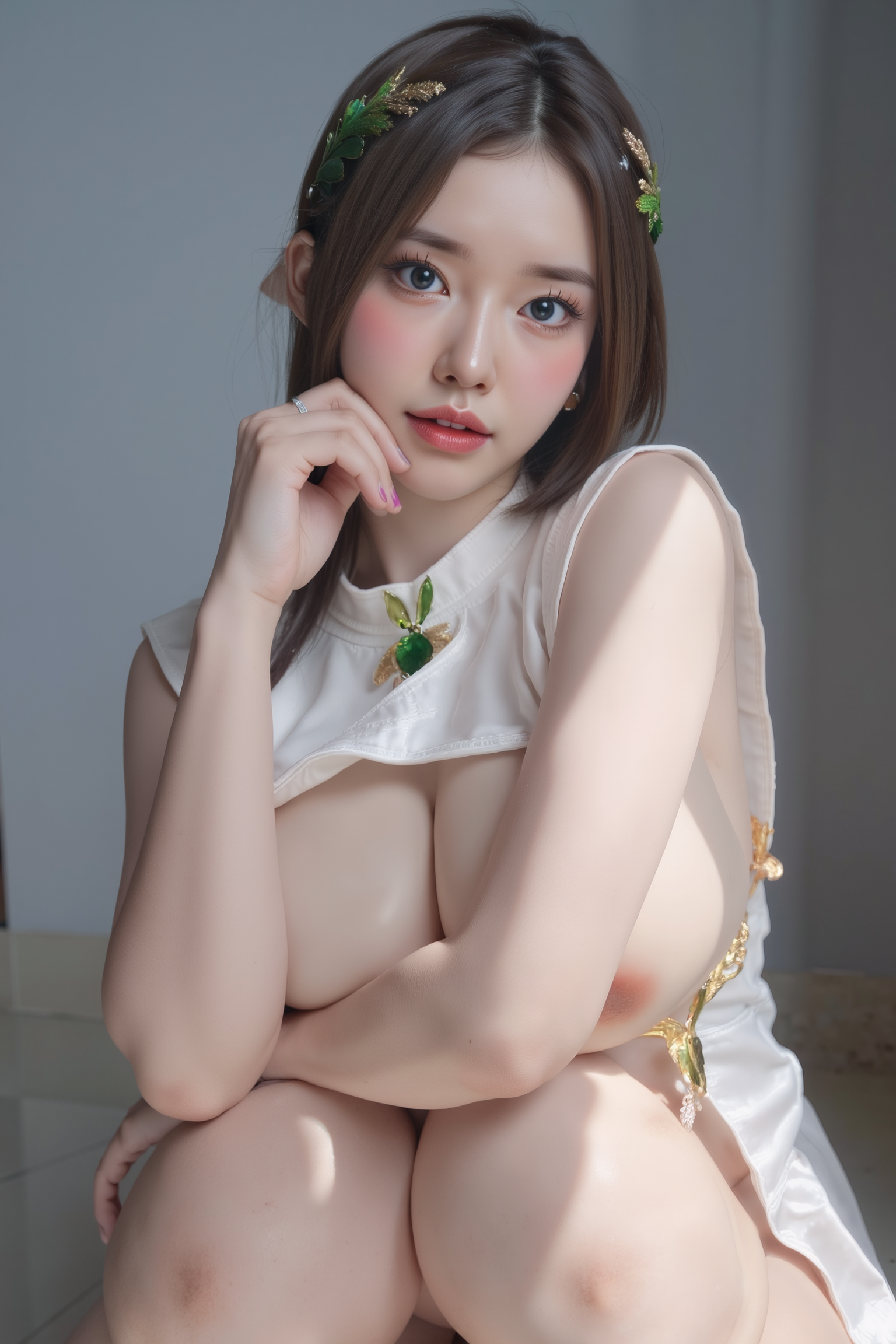 A professional, high-resolution image of a young woman in a contemplative pose, seated on the floor with legs gracefully folded to one side. One arm supports her weight while the other rests naturally across her lap, creating balanced triangular negative spaces throughout the composition. Her gaze is directed slightly away from camera, suggesting a moment of quiet reflection.

She is wearing a white SGWN74Clothing. Her makeup is dramatic, with dark eyeliner and bold, glossy pink lips. 

The lighting features a high-contrast, monochromatic white color scheme that creates a moody, intimate atmosphere. 

The photography technique uses what appears to be soft lighting to create a glamorous effect, with careful attention to highlighting contours while maintaining the dominant light brown color scheme throughout the frame.

The overall aesthetic combines elements of fashion photography, traditional Asian visual motifs, and contemporary boudoir styling. The dramatic light brown lighting creates a cohesive visual theme that ties all elements of the composition together.

The white light emit on her to show her feature.