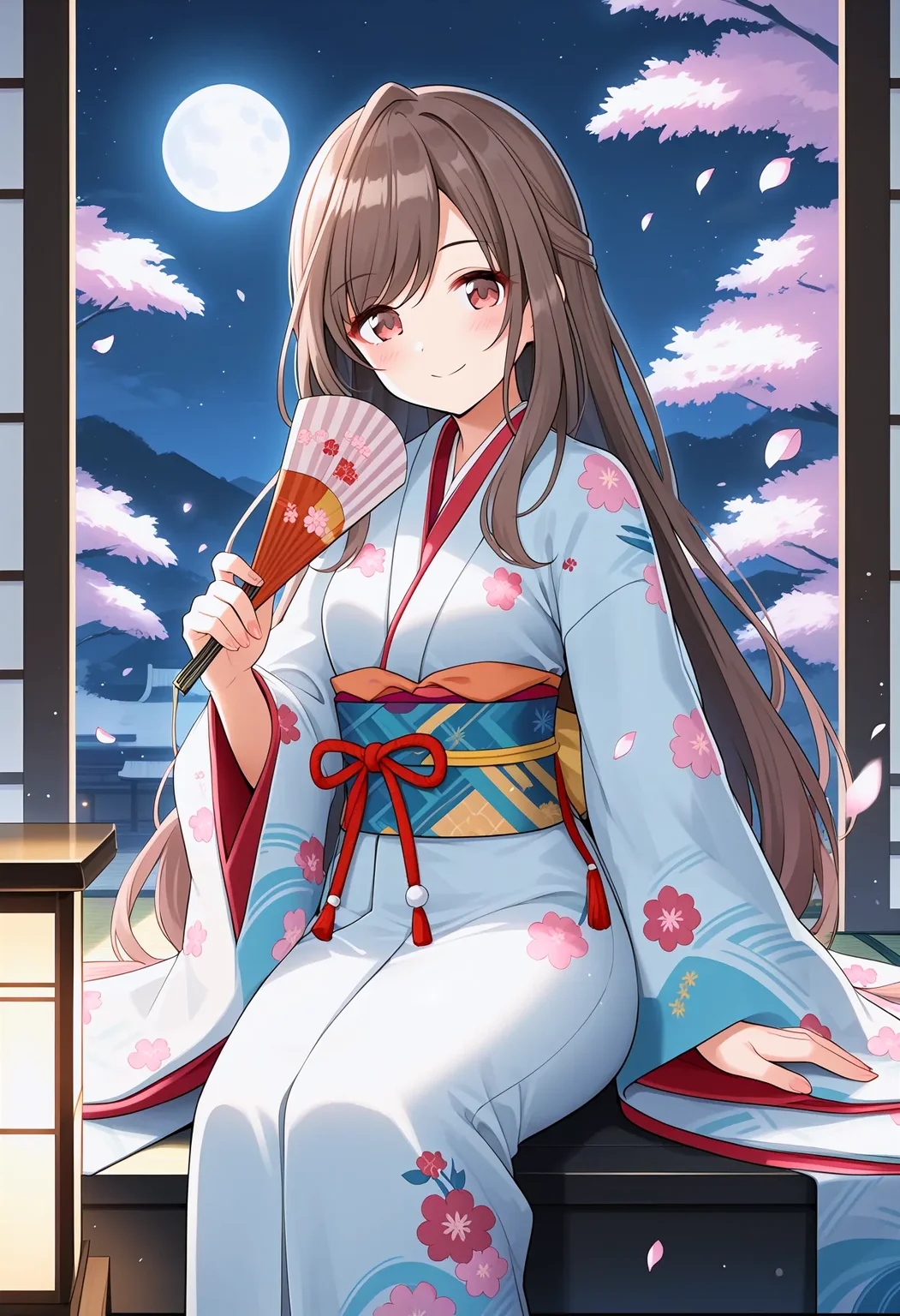 k_tsukioka, score_9, best quality
1girl, long hair, solo, layered clothes, japanese clothes, brown hair, moon, kimono, full moon, night, brown eyes, hand fan, very long hair, wide sleeves, sitting, bangs, looking at viewer, smile, folding fan, flower, long sleeves, sky, night sky, seiza, lantern, holding, closed mouth, cherry blossoms, indoors, floral print, holding fan, blush, swept bangs
<lora:k_tsukiokaXL_pony:1>